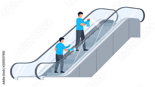 Canvastavla Escalator Maintenance: Two men in blue shirts clean an escalator, one spraying d
