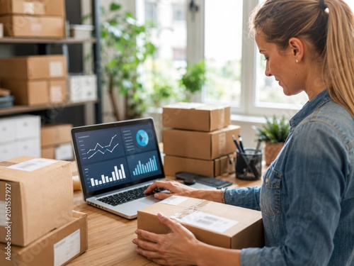 Ecommerce Business Owner Managing Order Fulfillment and Sales Analytics from Home Office