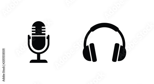 Bild auf Leinwand Microphone And Headphones Silhouette A Minimalist Black Icon Set On A White Back