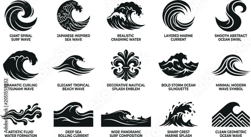 Collection of 15 black silhouette ocean wave graphics and illustrations