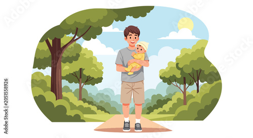 Obraz na plátně Flat style vector illustration of a dad carrying his baby during a relaxing outdoor walk, enjoying nature and strengthening family bonds
