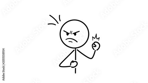 Angry Stick Figure Cartoon Man Clenching Fist and Frowning on Isolated White Background
