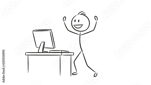 Happy stick figure man jumping with joy and excitement next to a computer on a desk, celebrating success, isolated white background.