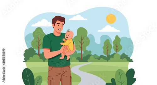 Foto Flat style vector illustration of a dad carrying his baby during a relaxing outdoor walk, enjoying nature and strengthening family bonds
