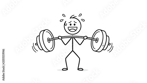 Sweating Stickman Character Struggling to Lift a Light Barbell, isolated white background