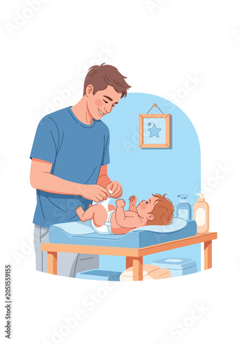 Flat style vector illustration of a dad changing his baby's diaper as part of daily childcare responsibilities, promoting hygiene and comfort. Perfect for parenting, newborn care, family wellness