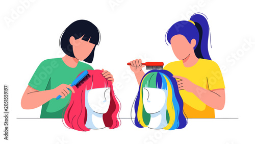 Wig Styling Fun: Two individuals are shown styling vibrant, colorful wigs on mannequins, a scene illustrating creativity and personal expression in beauty and fashion.