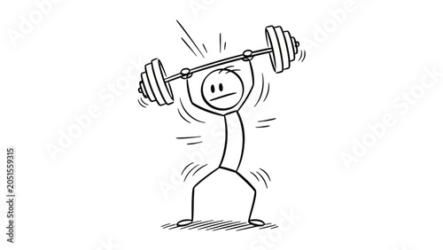 Vászonkép Overwhelmed Stick Figure Man Struggling to Lift Heavy Barbell, Expressing Exhaus