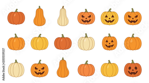 A delightful collection of varied Halloween pumpkins and spooky jack-o'-lanterns, perfect for autumn season designs and festive decorations