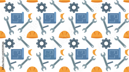 Vibrant flat vector pattern showcasing essential engineering and construction tools like hard hats, wrenches, gears, and blueprints on a clean background