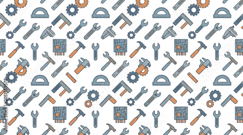 Dynamic Seamless Vector Pattern Featuring a Variety of Industrial Engineering Tools and Digital Work Symbols on a Clean White Background for Technical Projects