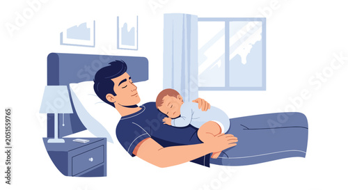 Quadro su tela Flat style vector illustration of a dad resting peacefully with his baby, highlighting trust, affection and close family connection during quiet moments