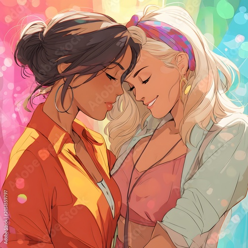 Two women embracing, celebrating Pride Day