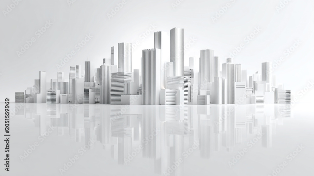 Fototapeta premium Minimalist 3D architectural model of a white cityscape skyline with glossy ground reflection on a white background
