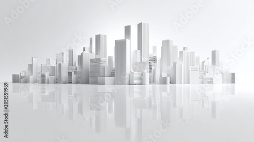 Minimalist 3D architectural model of a white cityscape skyline with glossy ground reflection on a white background
