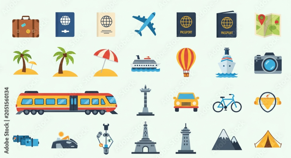 Fototapeta premium Collection of Travel and Transportation Icons and Symbols.