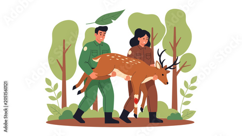 Vászonkép Conservationists Carrying Deer Through Forest: Two conservationists, a man and a woman, in uniform, carefully carry a sedated deer through a stylized forest landscape