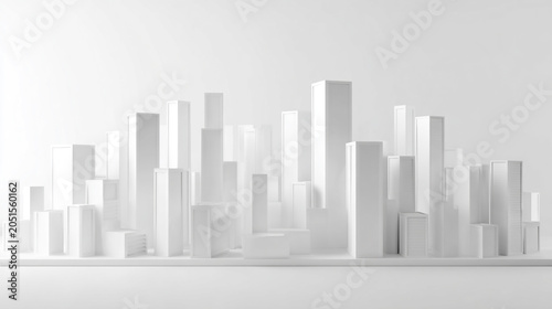 Clean architectural concept model of a white 3D rendered minimalist city block skyline on a seamless white surface
