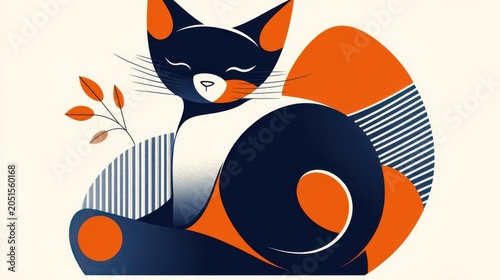 Abstract illustration of a sitting cat with orange and navy colors
