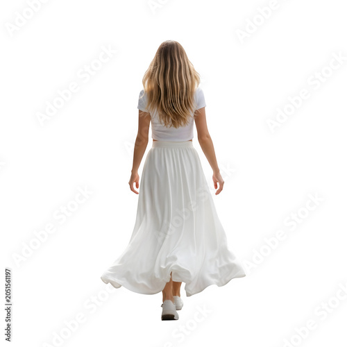 Woman walking away in white flowing dress