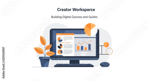 Modern Creator Workspace Illustration for Digital Course Building, Online Education Platform, and Content Creation Concepts with Data Analytics