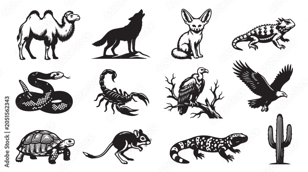 Obraz premium Set of black desert animal icons including camel wolf scorpion lizard and vulture silhouettes