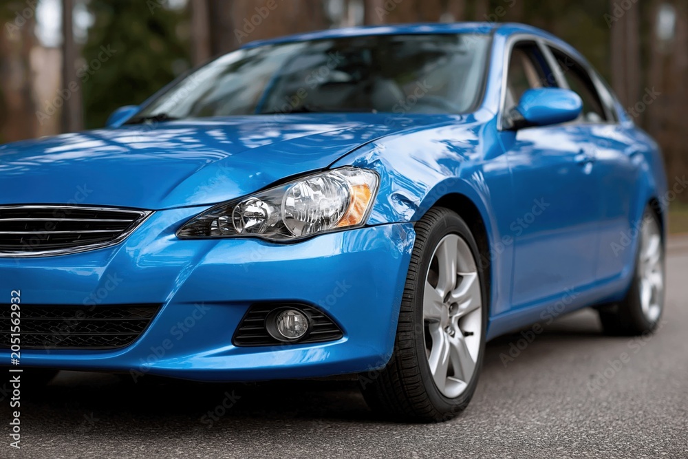 Fototapeta premium Blue coupe parked on asphalt road near pine forest