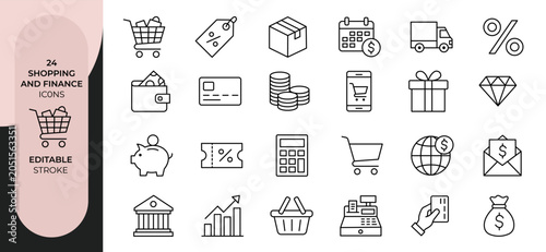 Shopping and Finance Line Icons Set Editable Stroke Outline Vector