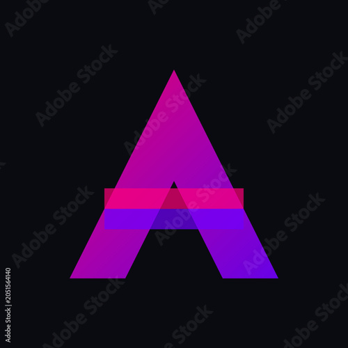 Modern purple geometric abstract letter A apex logo design isolated on dark black background illustration