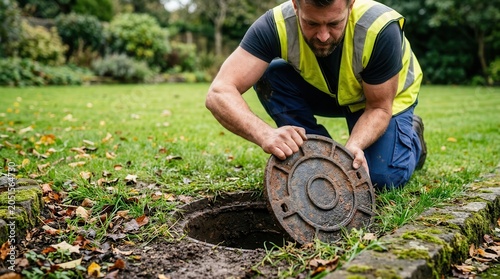 Technician performing septic tank repair and maintenance on an access lid in a residential yard.