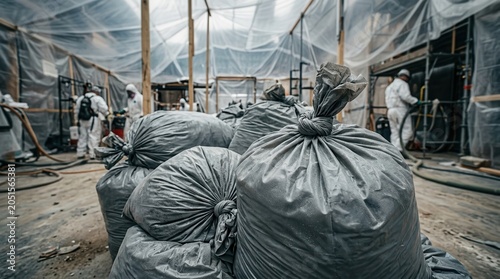 Containment of asbestos abatement waste in heavy duty sealed debris bags.