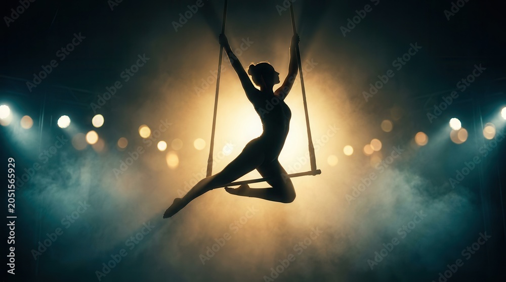 Obraz premium Circus performer executing a graceful aerial movement on a trapeze bar in a dramatic spotlight.