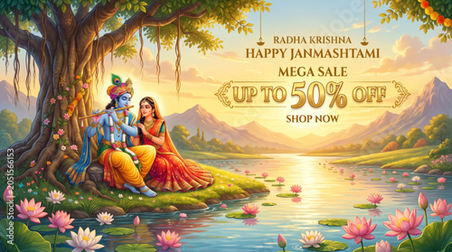 Quadro su tela Serene Krishna and Radha by Lotus Lake with Festival Sale Design for Janmashtami