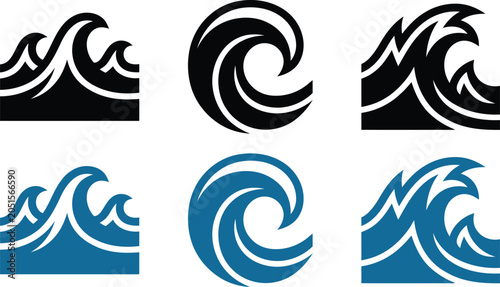 Foto Ocean wave icons in black and blue colors for sea water design elements