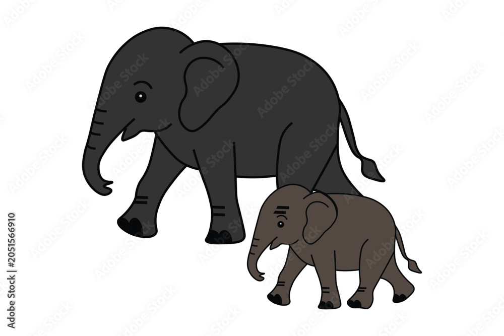 Fototapeta premium Cartoon elephant mother and baby calf vector illustration, cute wild animal family walking together, grey african elephant characters