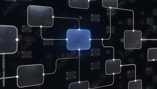 Abstract business workflow diagram in Apple dark mode with glowing blue nodes