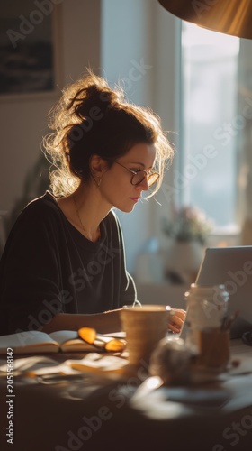 Woman Focused on Work in Cozy Home Office