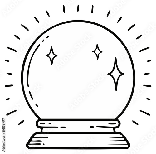 Mystical crystal ball with radiating light and stars, illustration