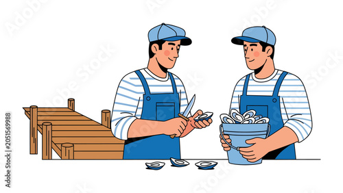 Canvas Print Oyster Shuckers at Work: Two men in overalls and caps shuck oysters on a wooden dock, one with a knife preparing shellfish while the other holds a bucket overflowing with oysters