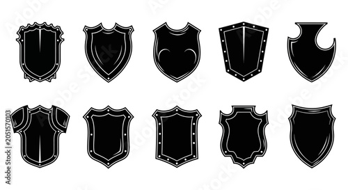 Quadro su tela Collection of various black shield icons on for protection and security concept