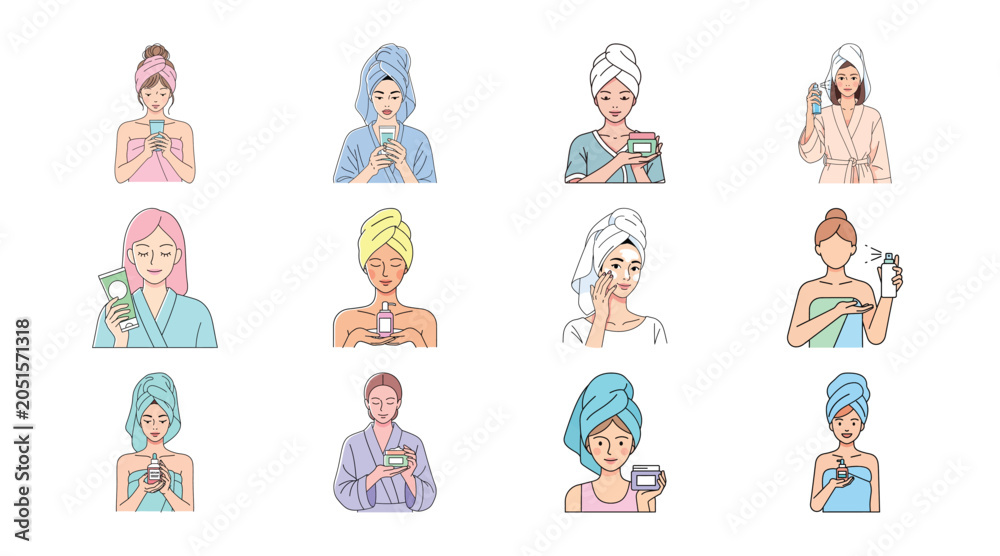 Fototapeta premium Various women performing beauty treatments with creams and serums after shower.