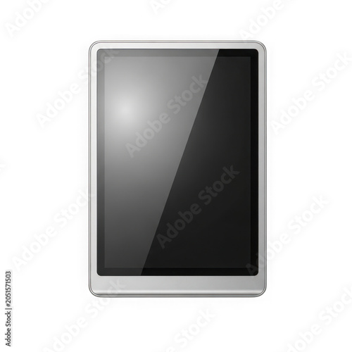 Modern silver tablet computer with blank dark touch screen display for digital interface design and mobile application mockup isolated on transparent background , PNG