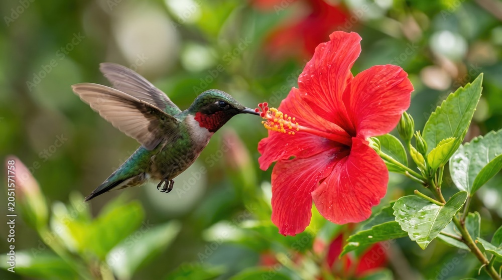 Fototapeta premium Hummingbird feeding on vibrant red hibiscus flower in garden