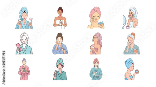 Various women in towels and bathrobes applying skincare products, creating beauty routines.