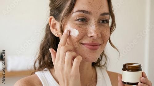 Young woman with freckles applying face cream from a jar for skincare