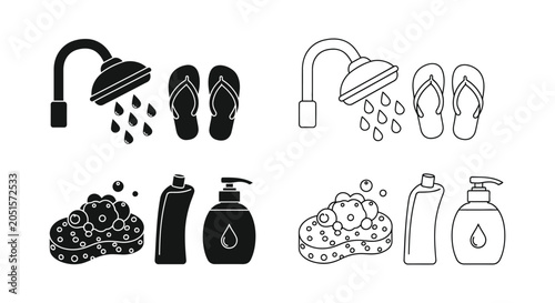 Fotografie Showerhead Flip Flops Soap And Lotion Silhouette Collection showerhead flipflops