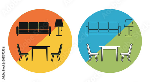Bild auf Leinwand Furniture Silhouettes With Table And Lamp Flat Vector Illustration Silhouette