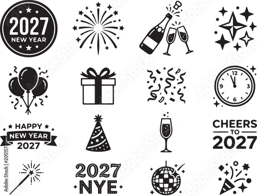 Canvas Print A festive collection of 2027 New Year celebration icons with fireworks champagne