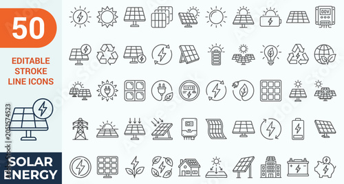 Fotografía Solar energy and renewable green power line icons mega set