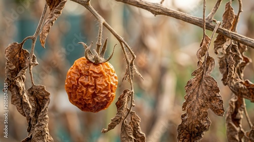 A dying plant with shriveled brown leaves and one lonely dry tomato hanging.